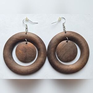 Pair of Large Round Wooden Dangle Earrings